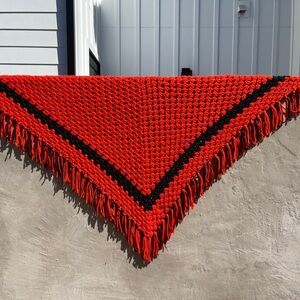 70’s hand crocheted granny shawl in orange and black